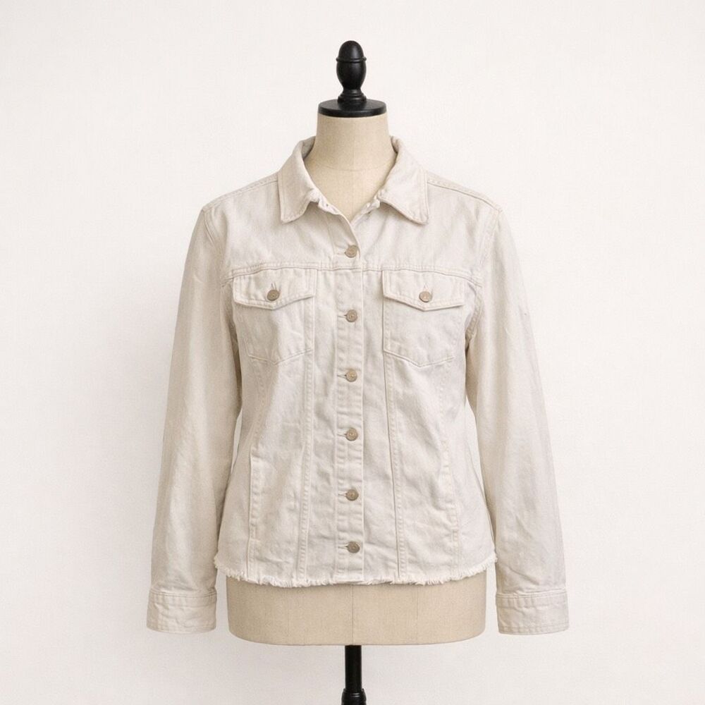 LC Waikiki White Denim Jacket Women EU 38 Frayed Hem Button Front